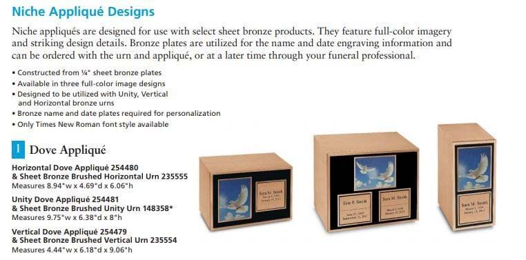 Niche applique designs are designed for use with select bronze products