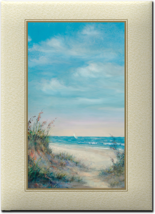 A painting of a beach with a path leading to the ocean