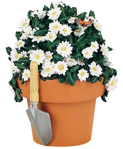 A potted plant with white daisies and a shovel in it