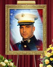 A portrait of a man in a military uniform is on display at a funeral.