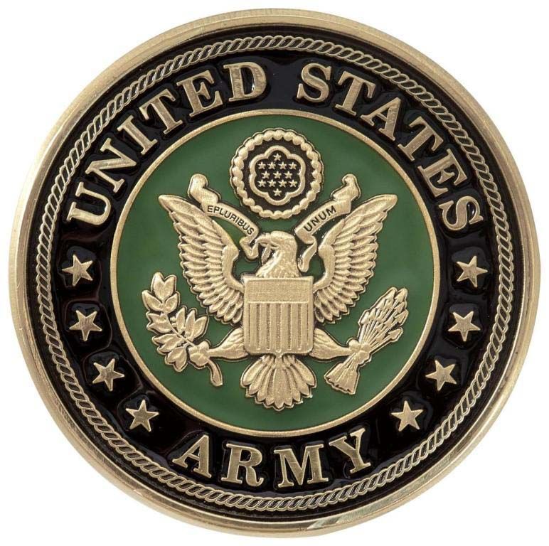 A united states army coin with a green background