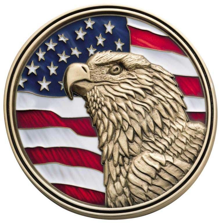 A coin with an eagle and an american flag on it