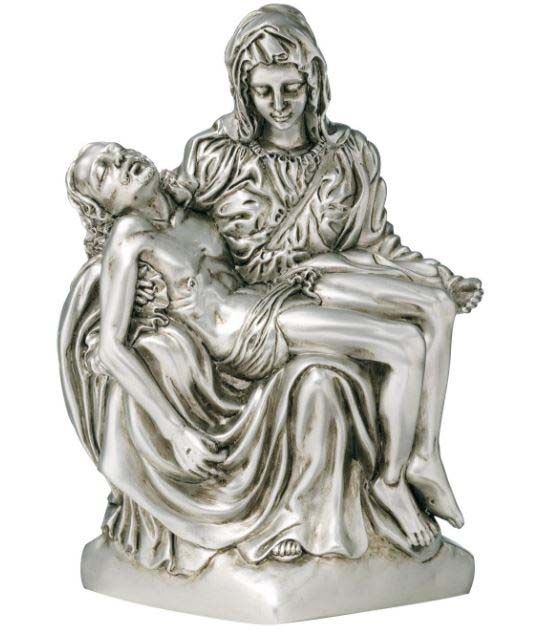 A silver statue of a woman holding a corpse of jesus