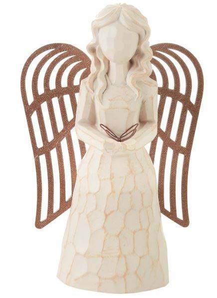 A white angel with brown wings is holding a book.