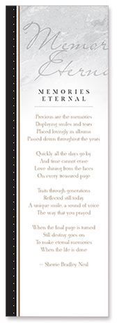 A memorial card with a poem on it that says `` memories eternal ''.