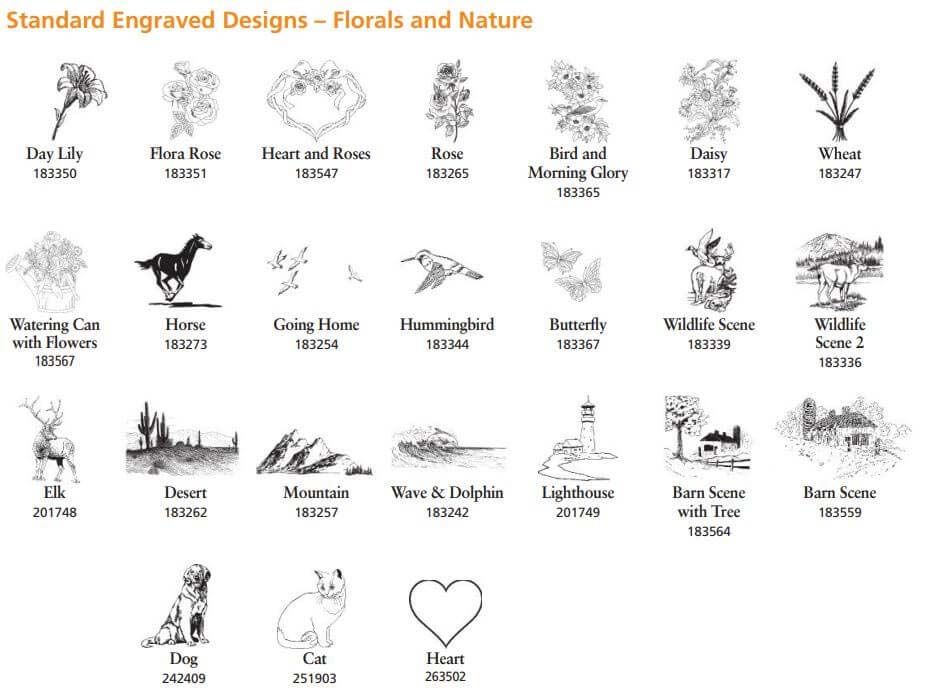 A list of standard engraved designs - florals and nature