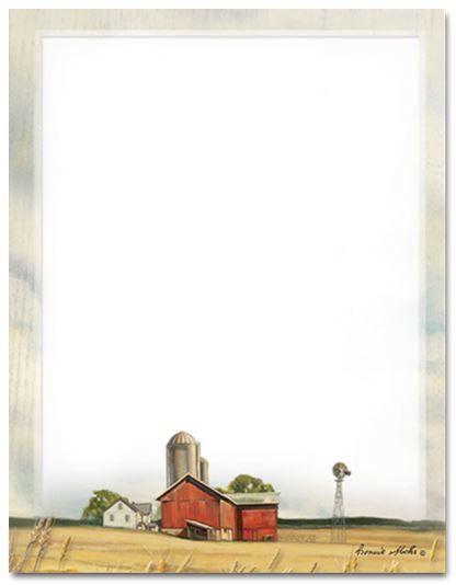 There is a painting of a barn in the middle of a field.