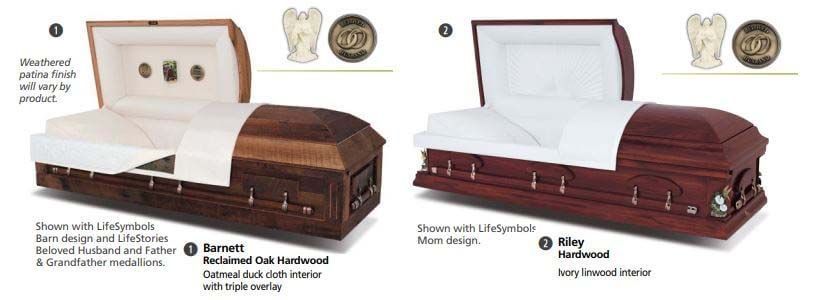 Two coffins are sitting next to each other on a white surface.