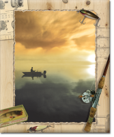 A picture of a boat in the water with a fishing rod.