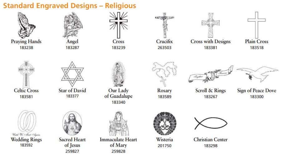 A list of standard engraved designs - religious on a white background