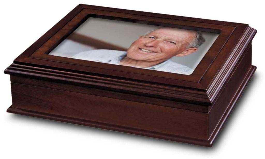 A wooden box with a picture of a man on it
