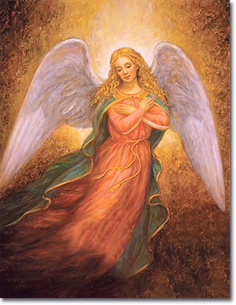 A painting of a woman in a pink dress with white wings