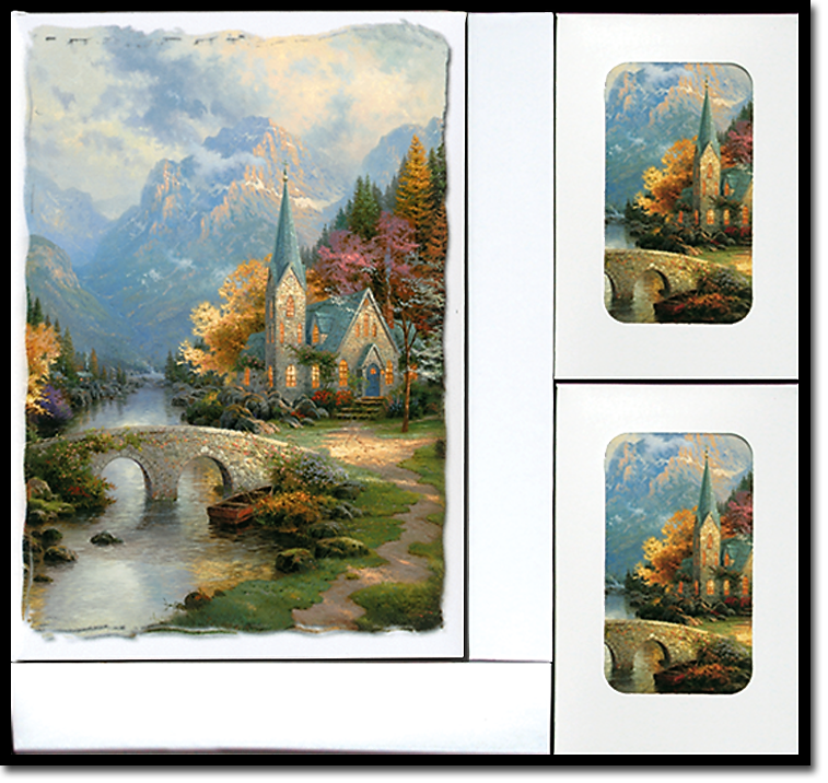 A painting of a church with a bridge over a river