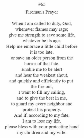 A fireman 's prayer is written in black and white
