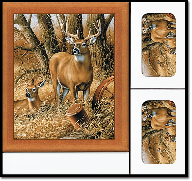 A framed picture of a deer in the woods