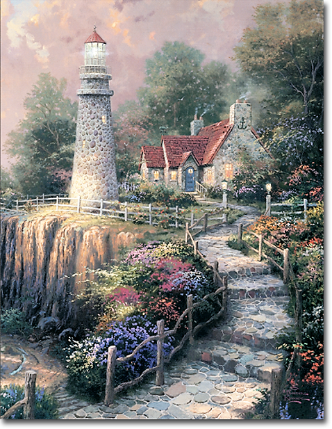 A painting of a lighthouse on top of a cliff next to a house.