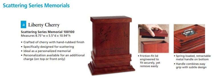 A picture of a wooden urn that says scattering series memorials