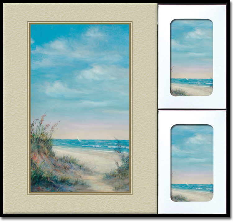 A painting of a beach with a path leading to the ocean