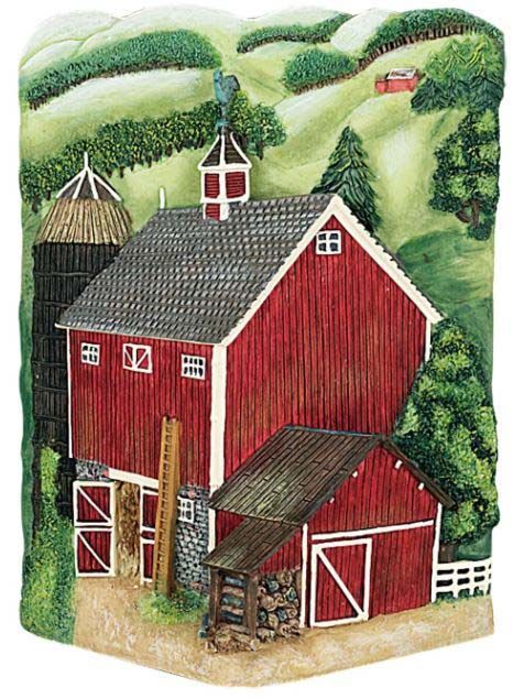 A painting of a red barn with a weather vane on top of it.