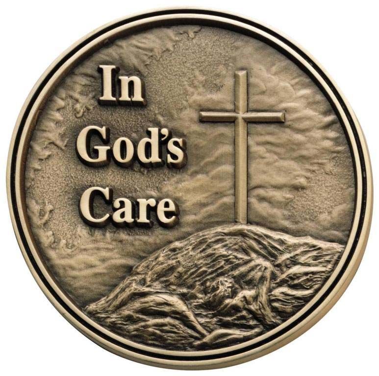 A coin that says in god 's care on it