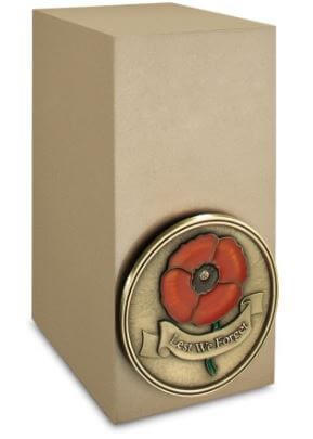 A brown box with a red poppy on it