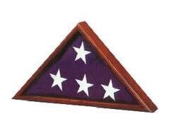 A triangle flag display case with three stars on a purple flag.