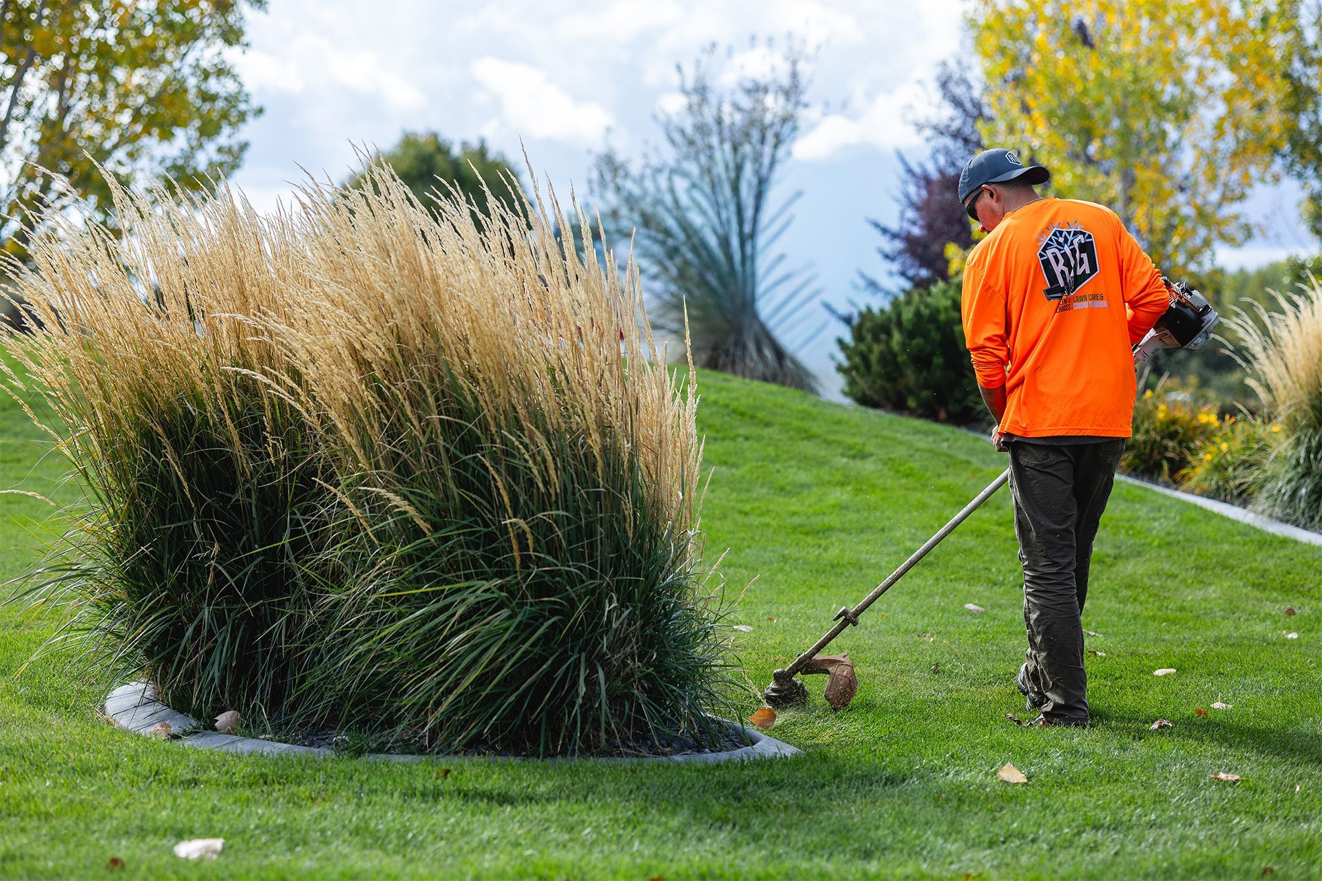 Man in orange shirt trimming grass around ornamental plant in a park setting.