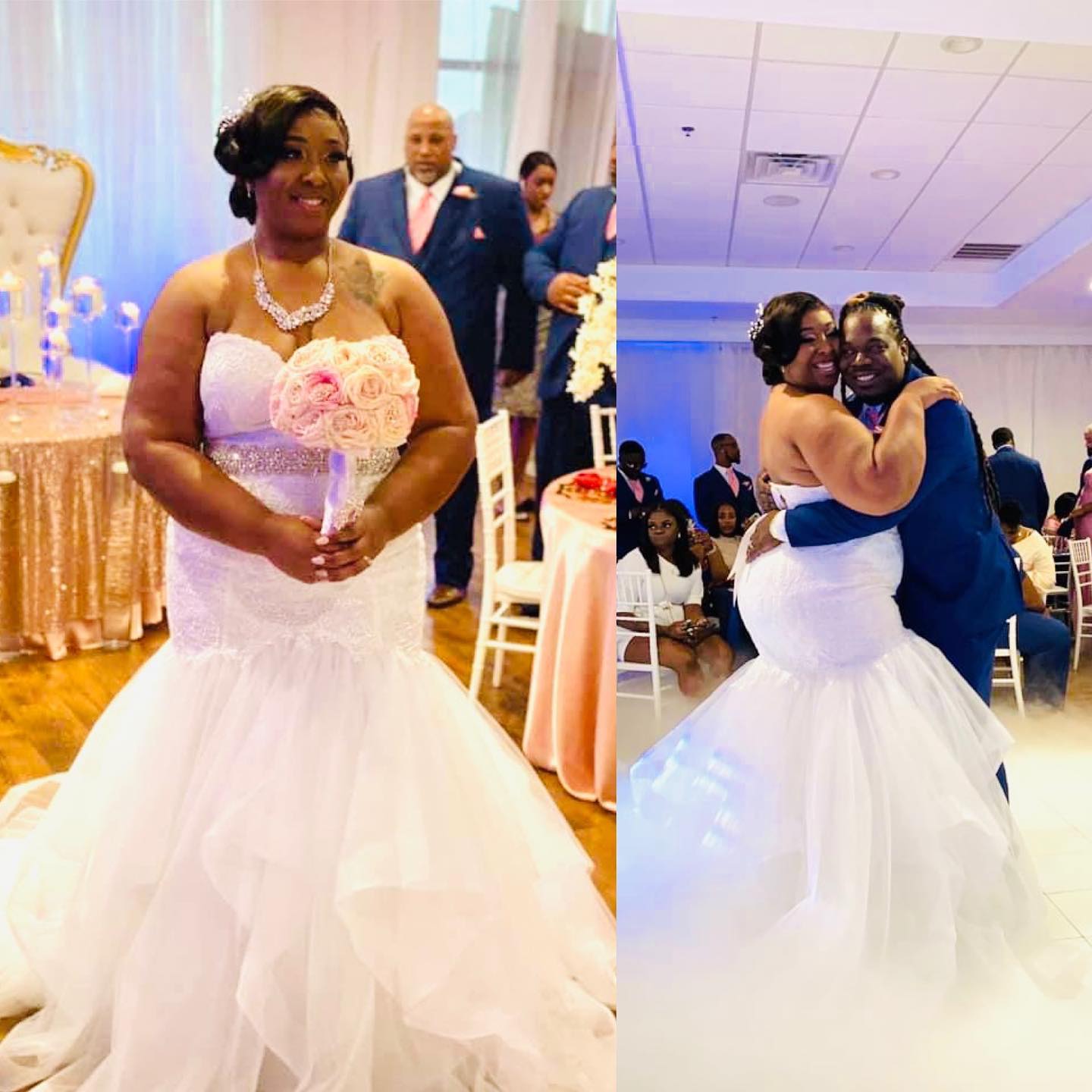 A bride and groom are posing for a picture at their wedding reception