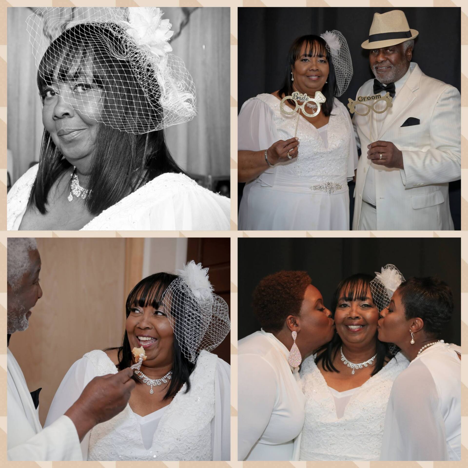 A collage of four photos of a bride and groom