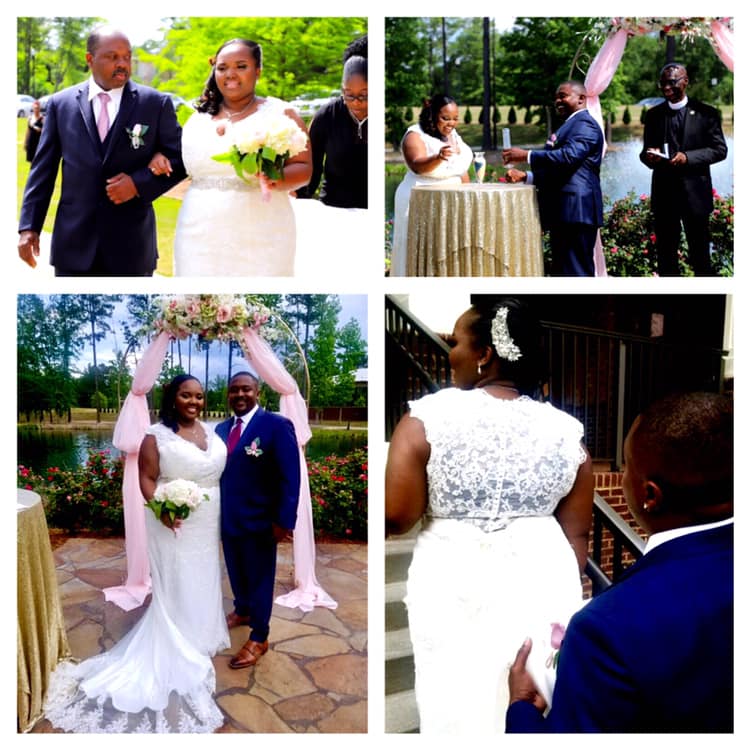 A collage of photos of a bride and groom at their wedding