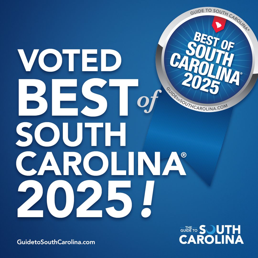 A blue sign that says `` voted best of south carolina 2025 ! ''