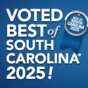 A blue sign that says `` voted best of south carolina 2025 ! ''