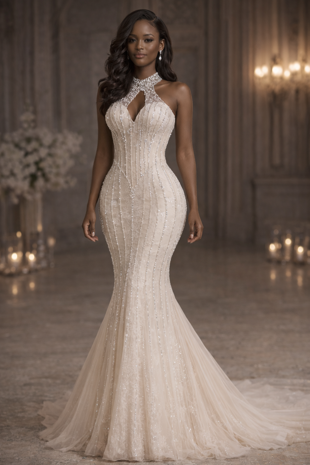 A woman in a white wedding dress is standing in front of two chandeliers.