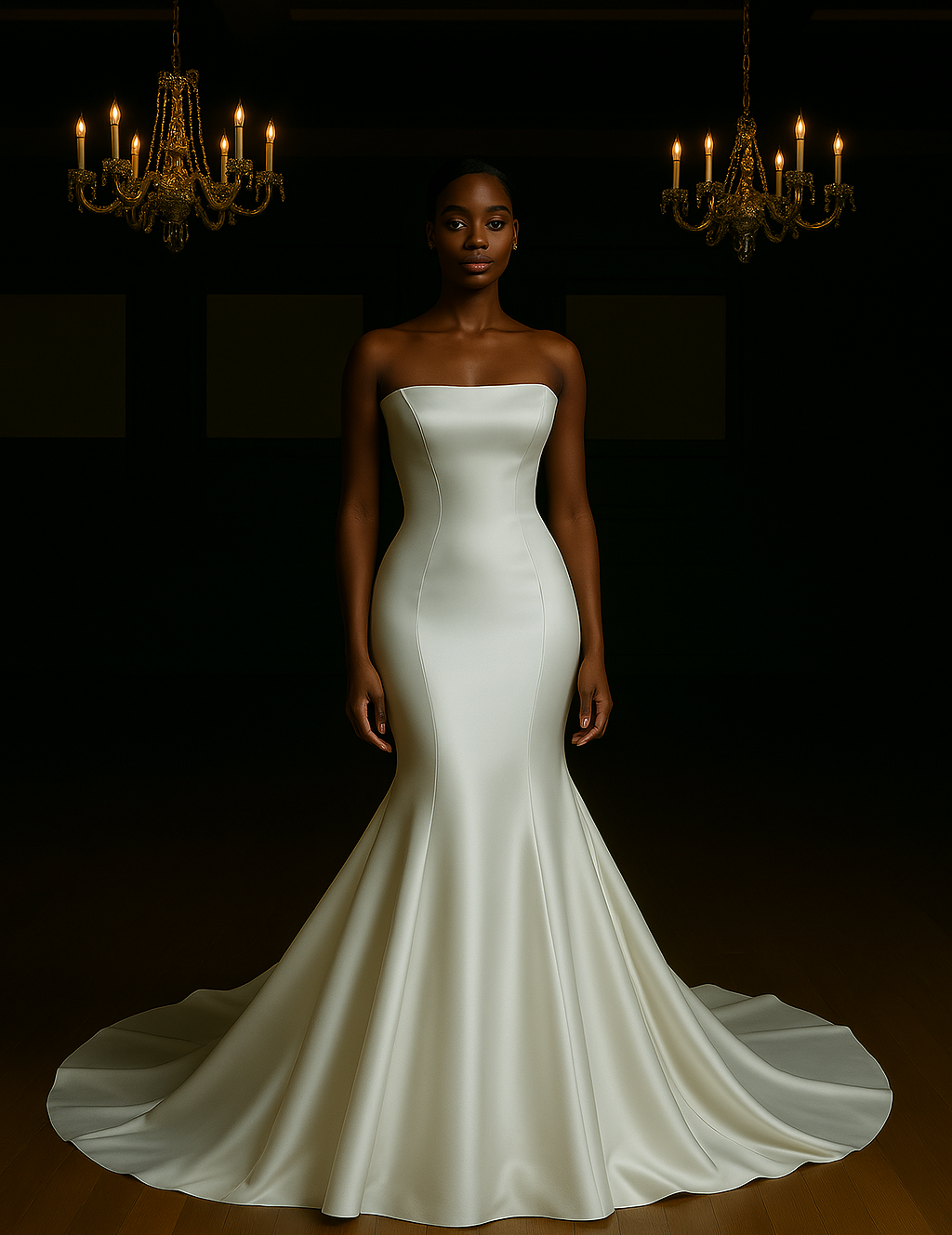 A woman in a white wedding dress is standing in front of two chandeliers.