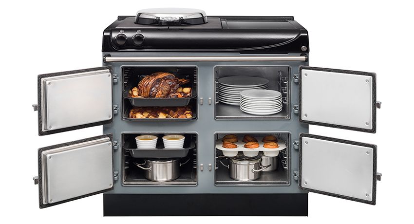 An AGA really can do it all! Photograph of grey AGA eR3-100 model with open oven doors