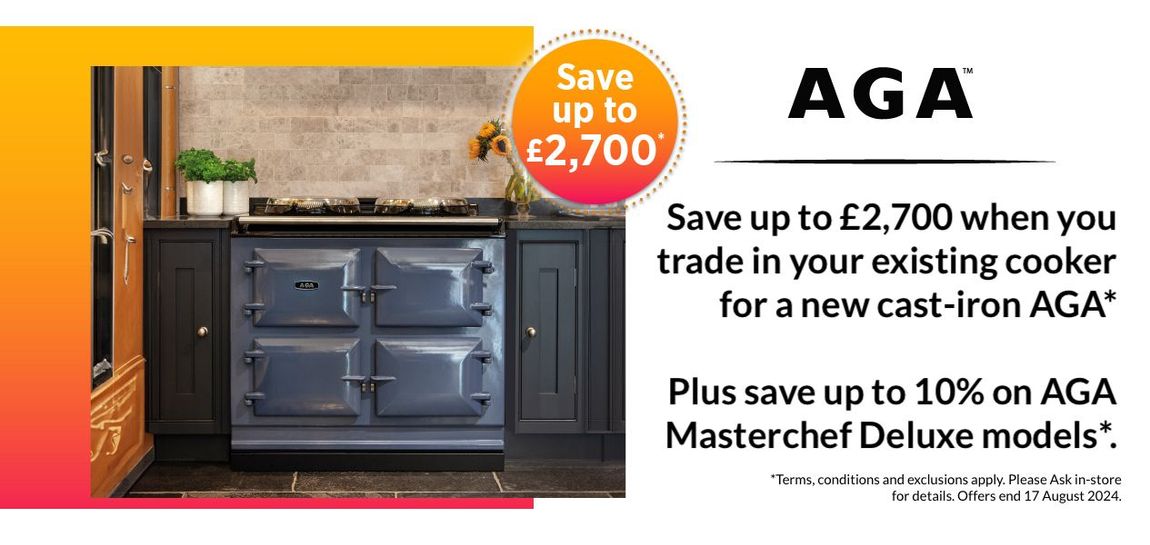 Advertisement for AGA Summer 2024 Promotion. Includes photograph of AGA R7 Range Cooker. 