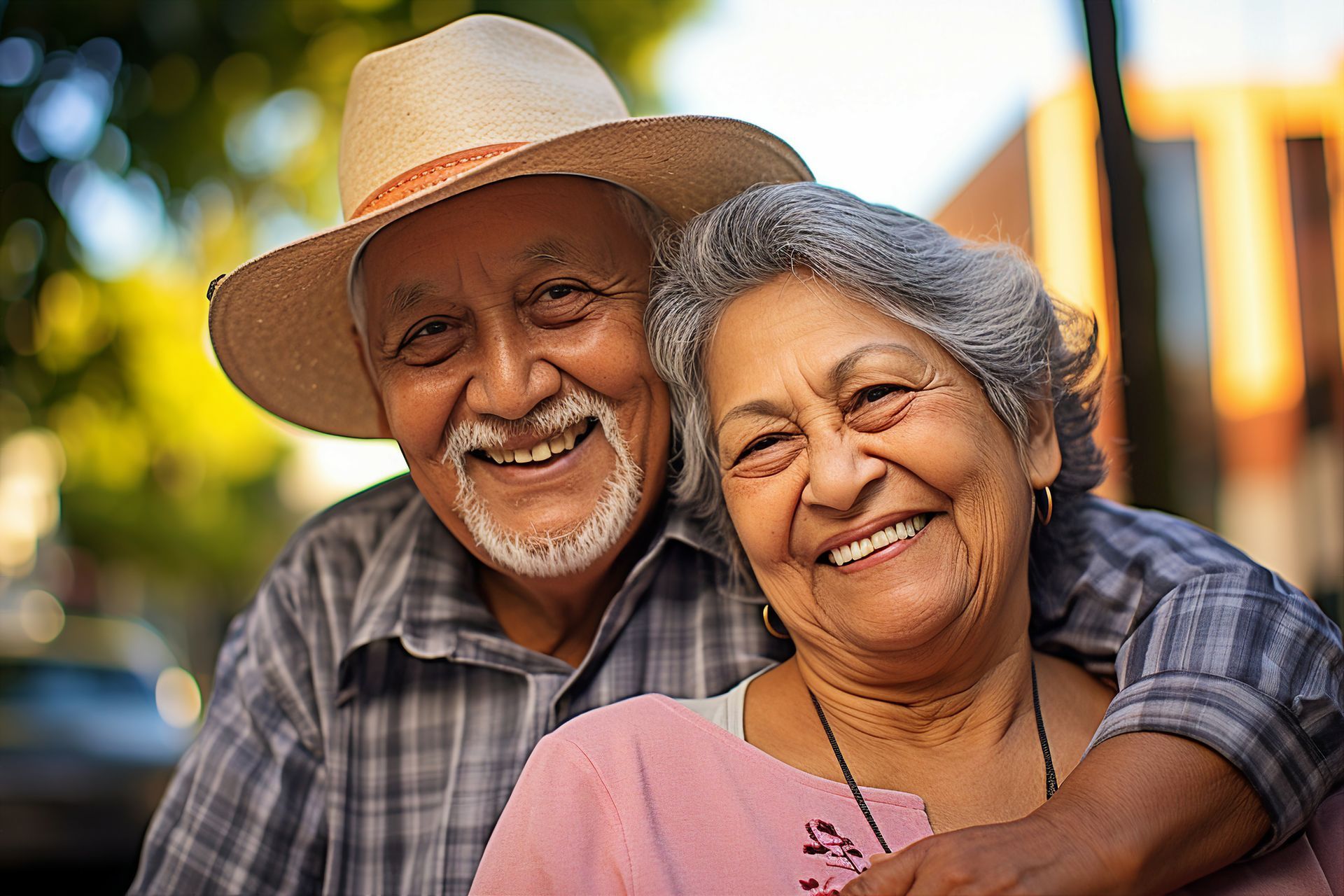 A man and a woman are posing for a picture and smiling. The man is wearing a cowboy hat.