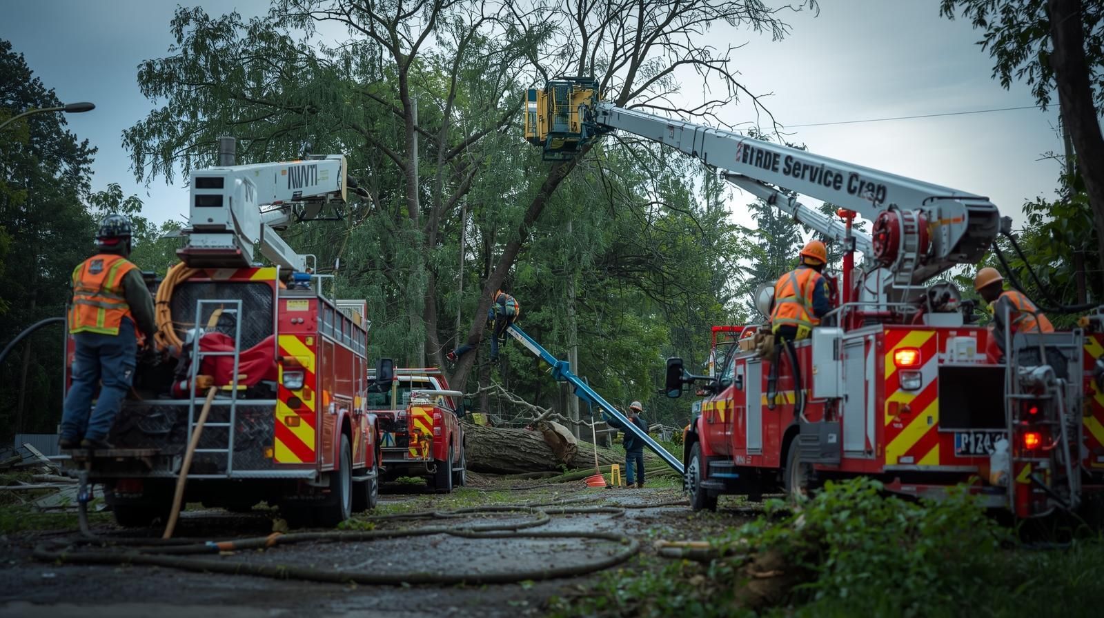 Firefighters using bucket trucks to clear fallen trees.