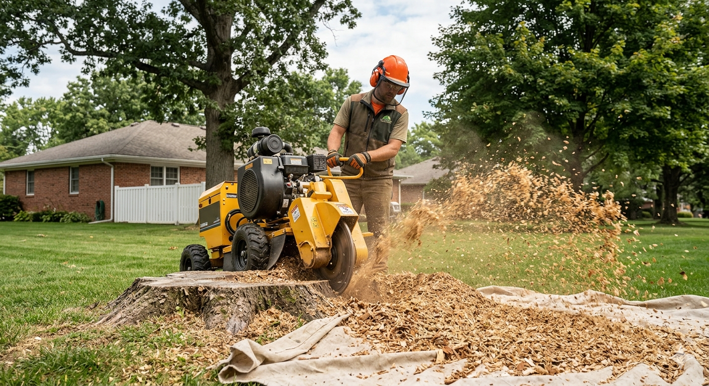 Professional arborist grinding a tree stump.