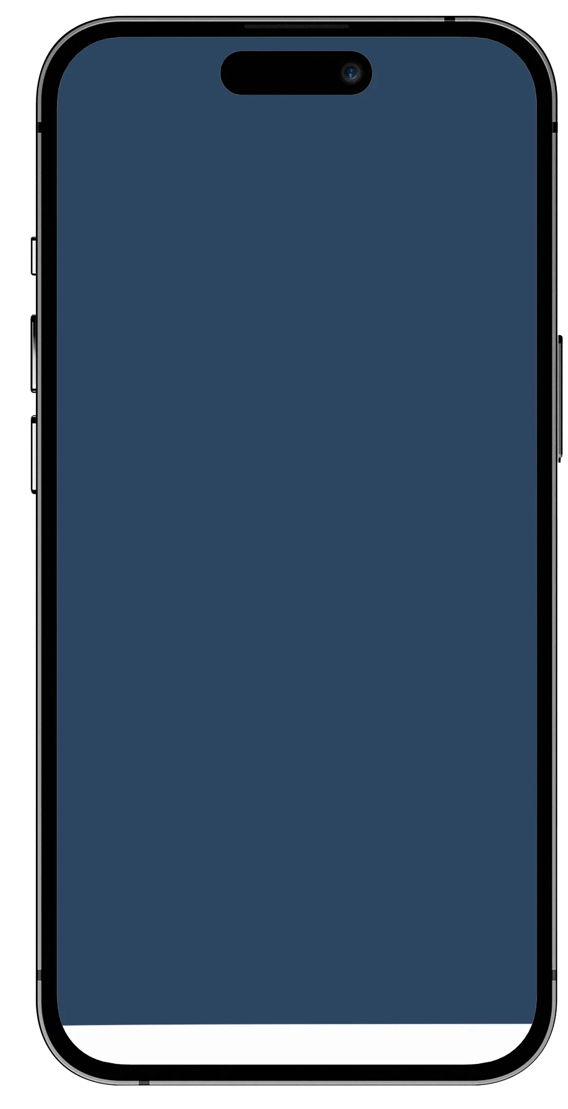 Smartphone with a dark blue screen and white bezel. Volume and power buttons on the sides.