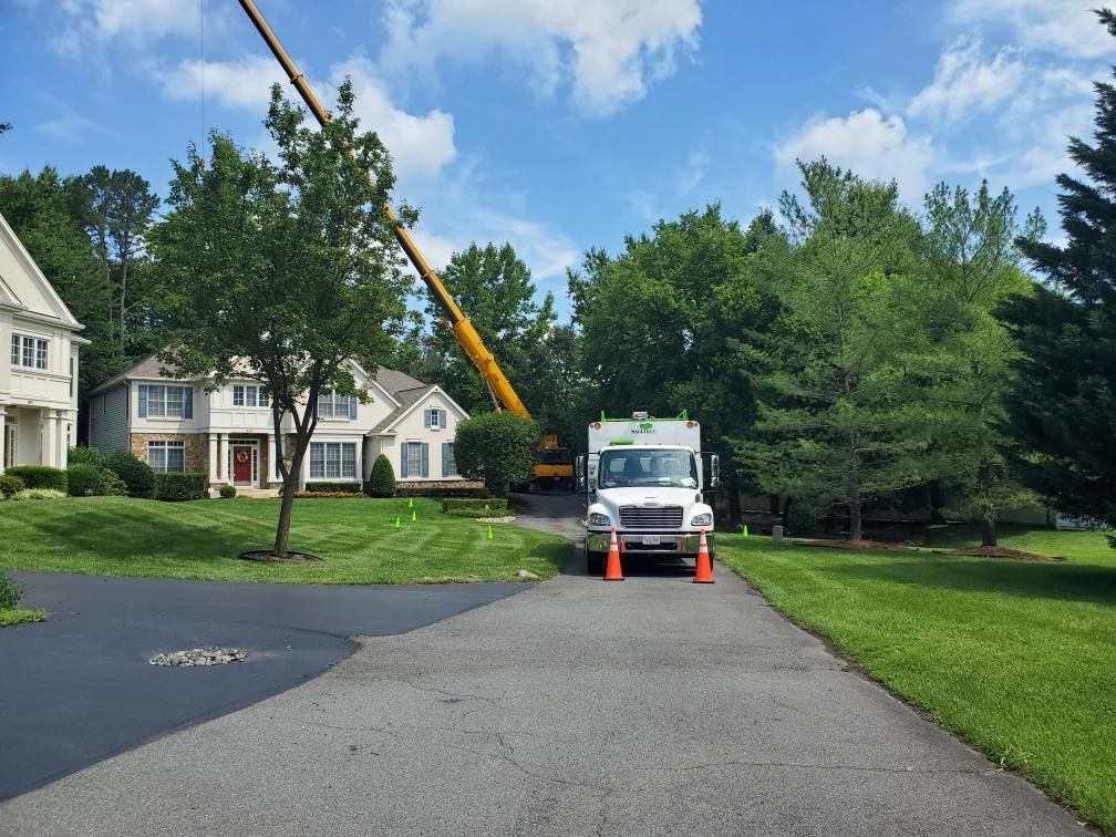 A crane truck in a driveway near a house; orange cones in front. Green trees and blue sky.