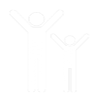 A Martial Arts school's white icon of two stick figures with their arms up.