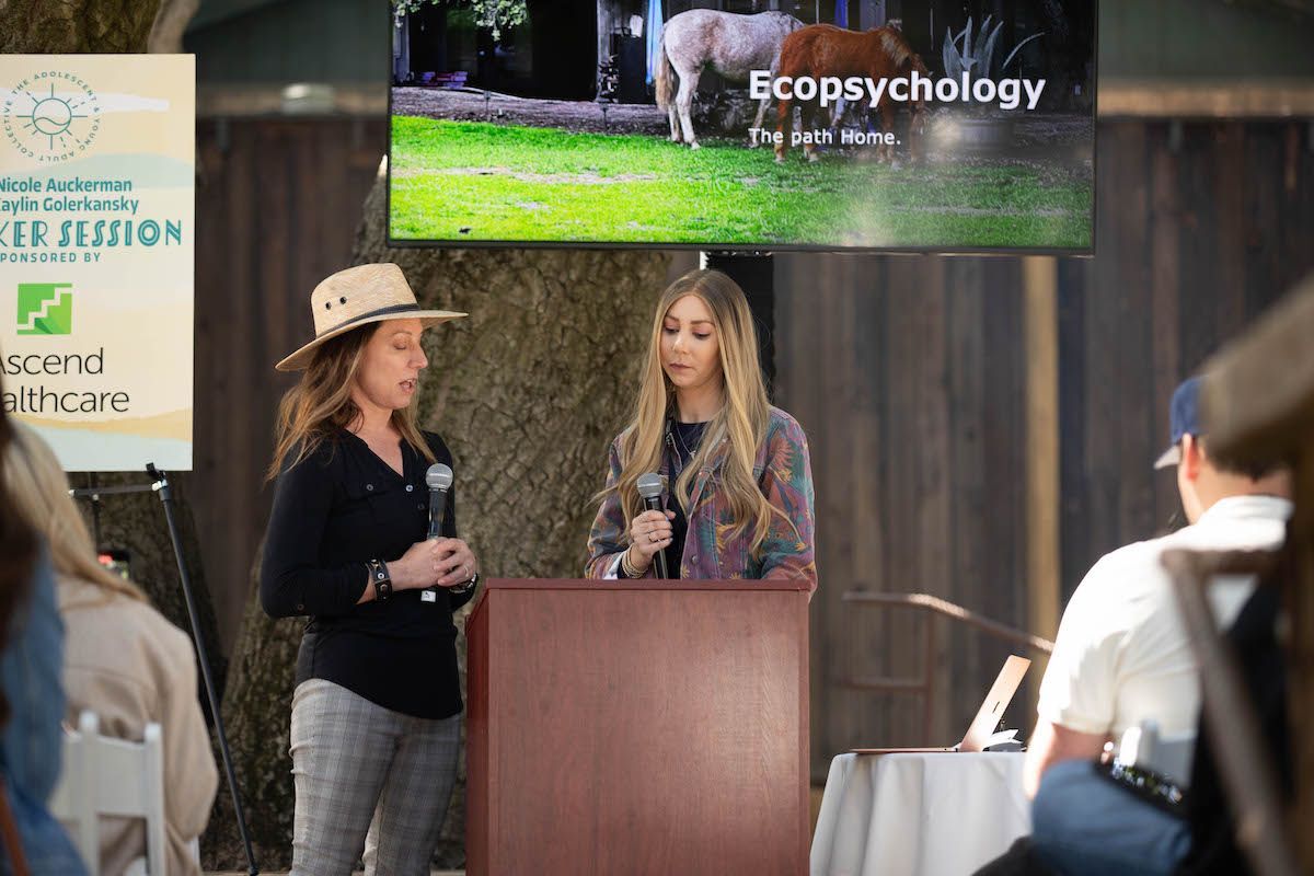 Two women are standing at a podium giving a presentation.