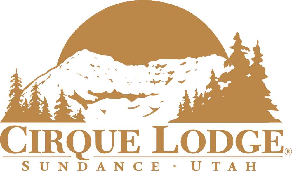 Tan logo featuring a mountain silhouette, evergreen trees, and the text "Cirque Lodge, Sundance, Utah."