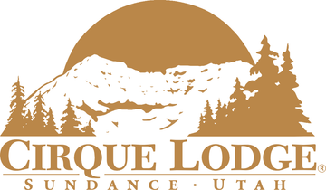 Tan logo featuring a mountain silhouette, evergreen trees, and the text "Cirque Lodge, Sundance, Utah."