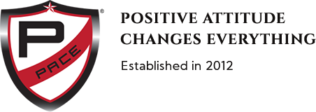 Logo for PACE: A black shield with a white 'P', a red diagonal stripe, and the text "POSITIVE ATTITUDE CHANGES EVERYTHING."
