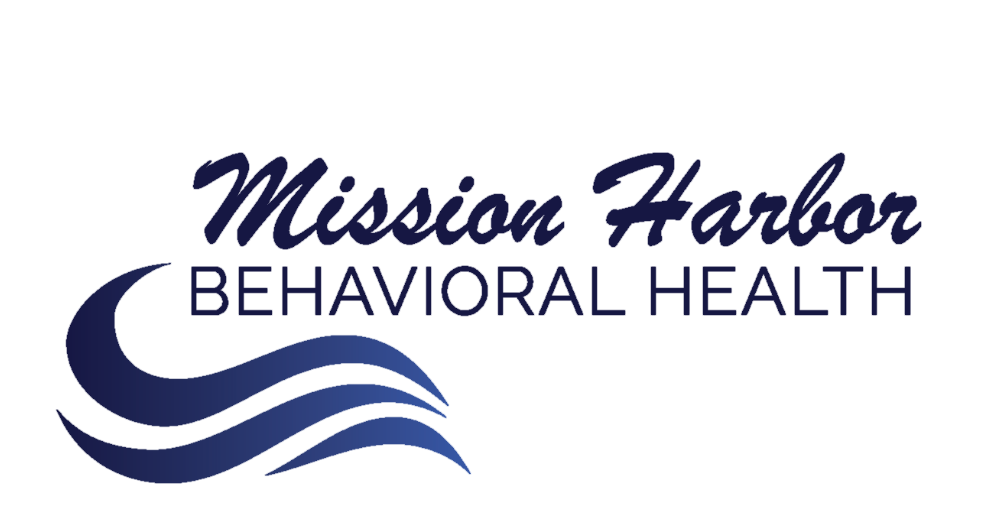 Logo for Mission Harbor Behavioral Health featuring dark blue text and a stylized wave graphic below it.