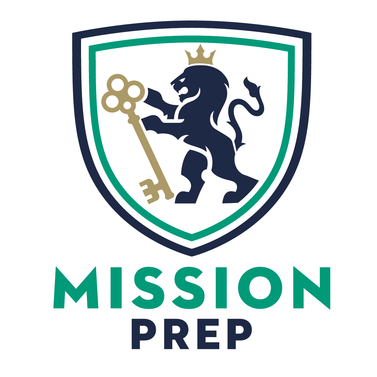Logo for Mission Prep featuring a dark blue lion wearing a crown and holding a gold key inside a shield, with text below.