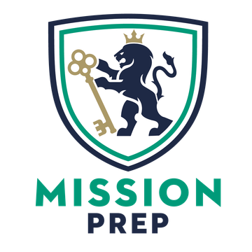 Logo for Mission Prep featuring a dark blue lion wearing a crown and holding a gold key inside a shield, with text below.