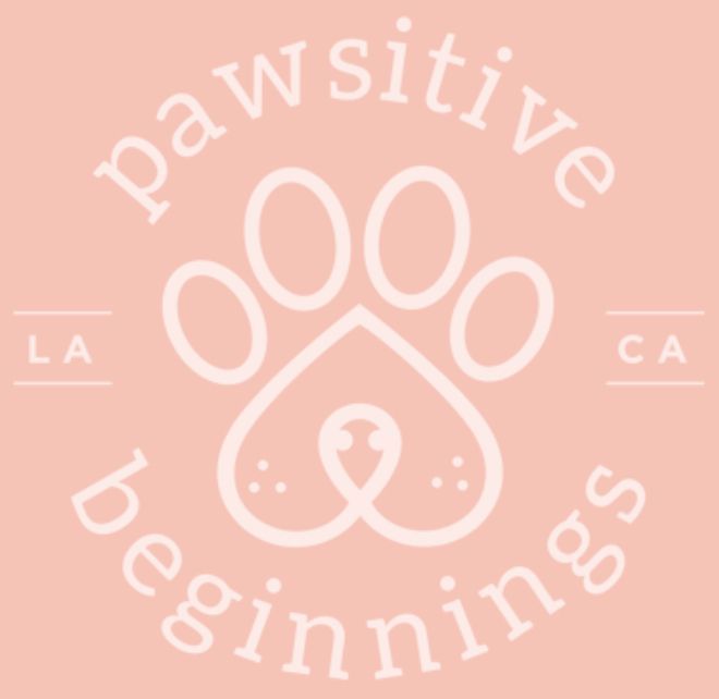 The logo for pawsitive beginnings is a paw print with a heart in the middle.